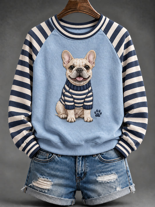 Sweat à manches raglan à rayures imprimé Bulldog français mignon pour femmes