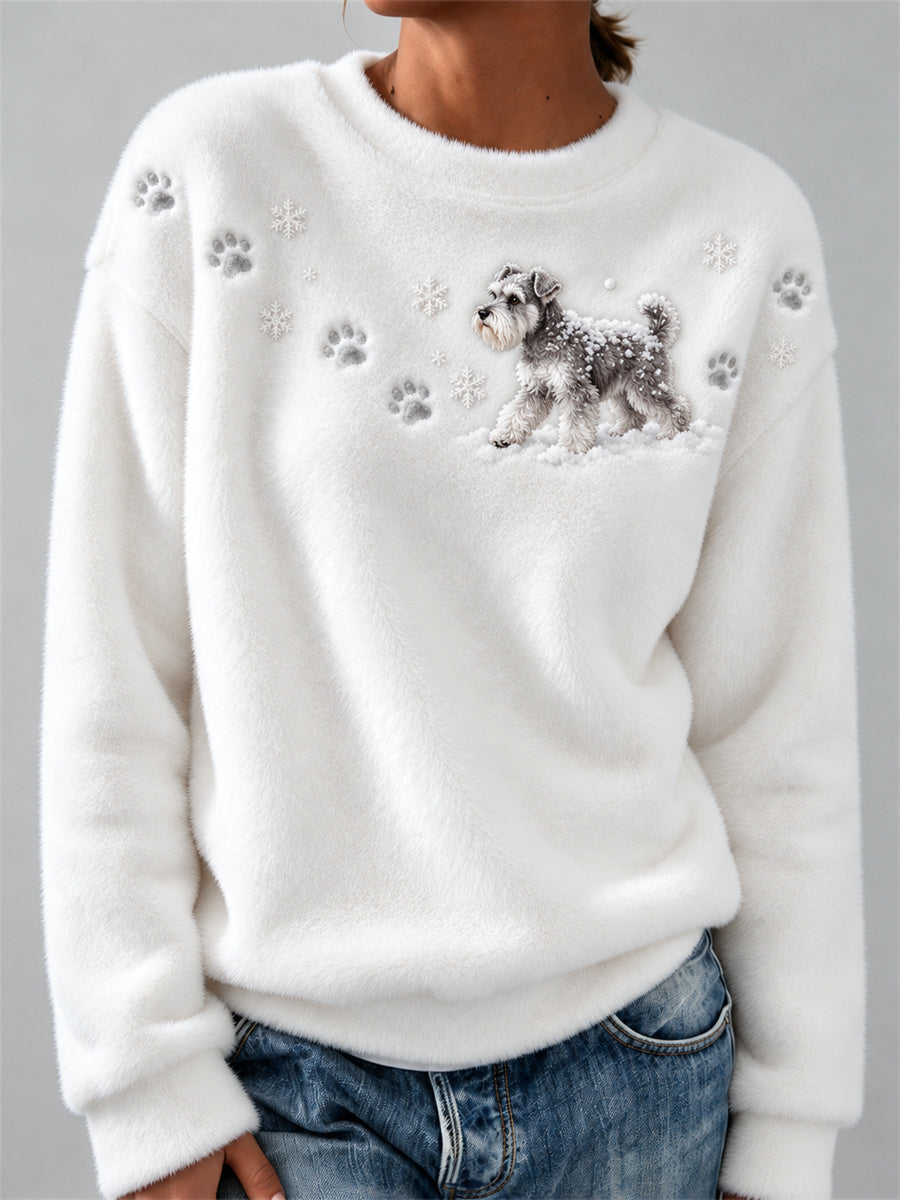 Schnauzer Chien dans la neige Empreintes de patte et flocons de neige Imprimer confortable Flanelle Sweatshirt Femme