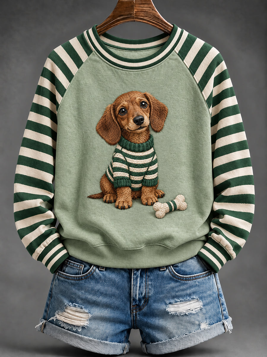 Mignon chien teckel Imprimer rayé manches Raglan Sweatshirt des femmes
