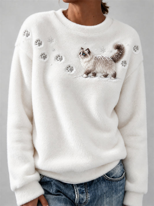 Femme Ragdoll Chat dans la neige Empreintes de patte & Flocons de neige Imprimer Cozy Flanelle Sweatshirt