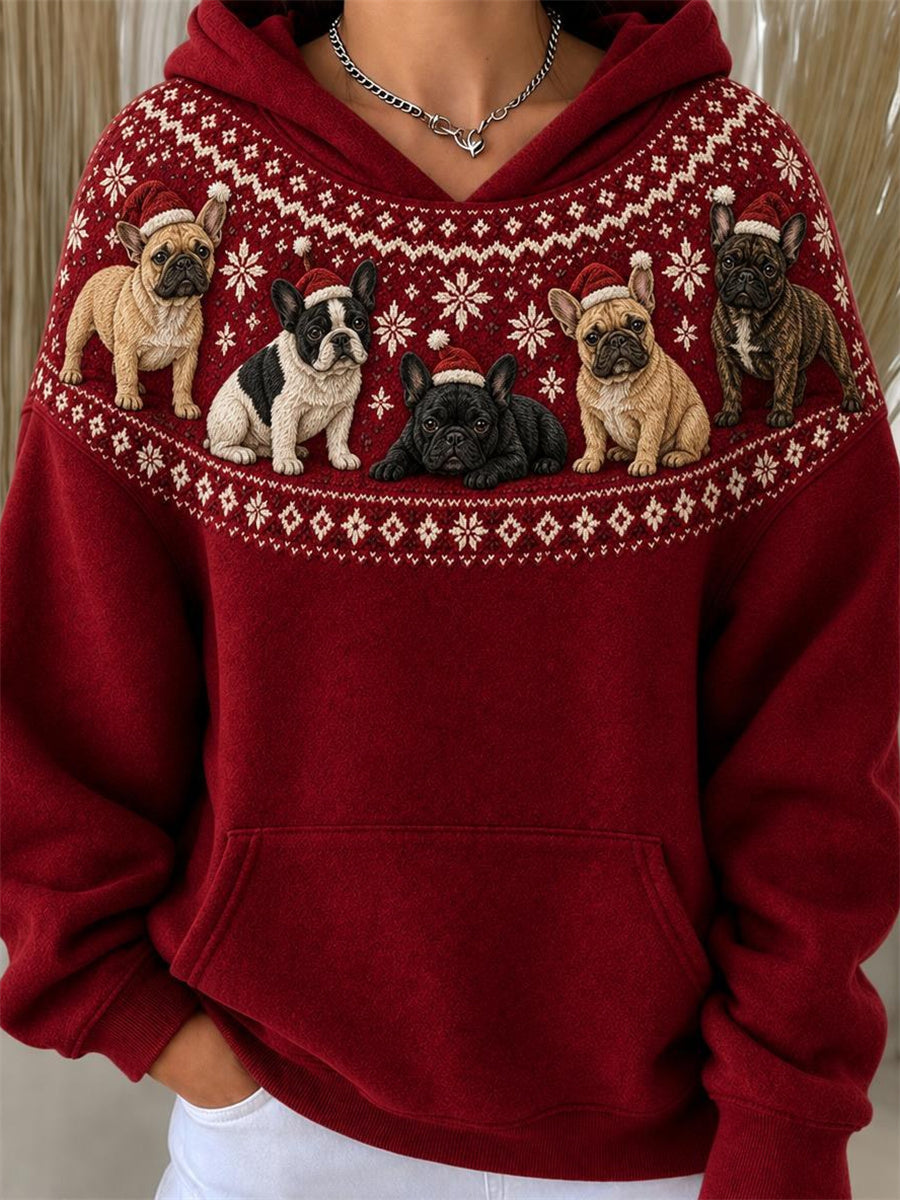 Noël Français Bulldogs Yoke Isle Motif Imprimer Hoodie Femme
