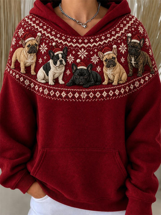 Noël Français Bulldogs Yoke Isle Motif Imprimer Hoodie Femme