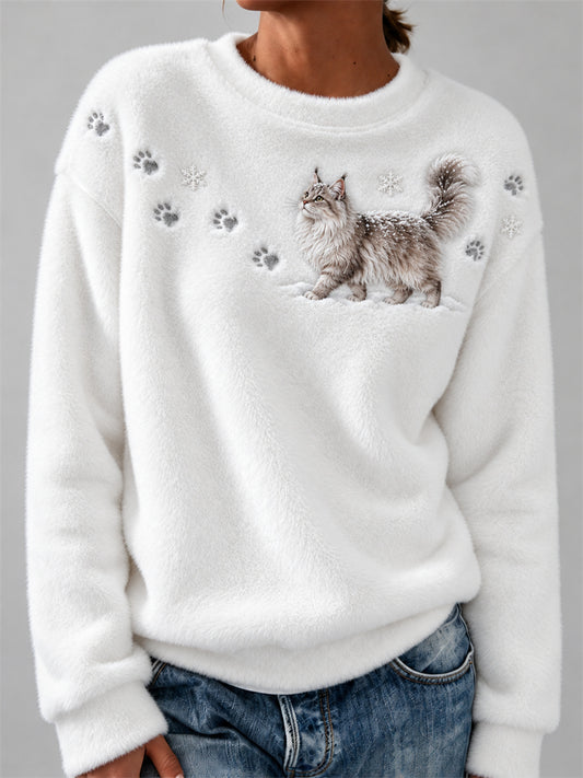 Maine Coon Cat dans la neige Patte Prints & Flocons de neige Imprimer Cozy Flannel Sweatshirt Femme