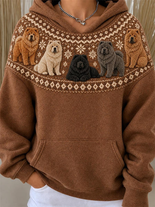 Femmes Vintage Chow Chow Chiens Yoke Isle Motif Imprimer Hoodie