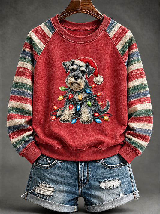 Vintage Christmas Schnauzer Print Raglan Sweatshirt des femmes