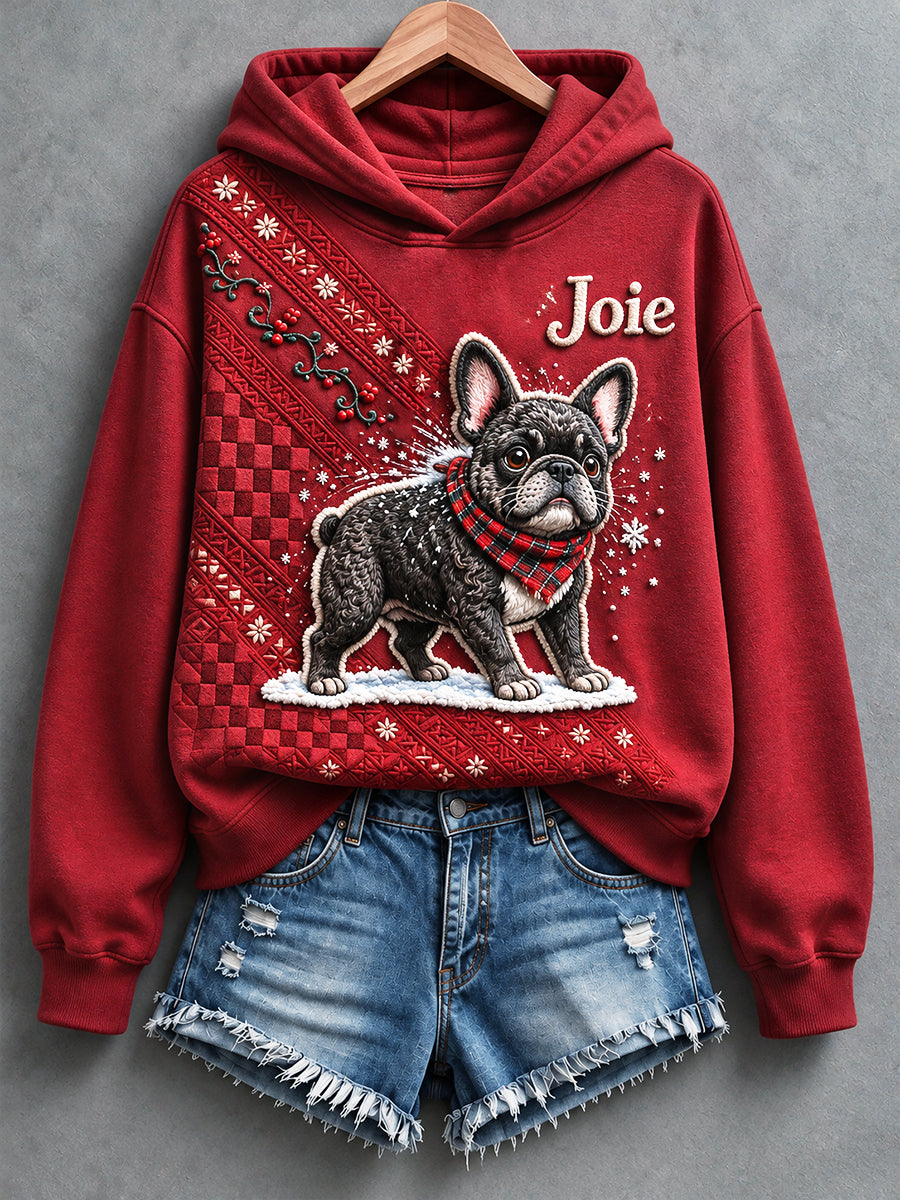 Sweat à capuche décontracté à imprimé chiot de Noël français rouge pour femme