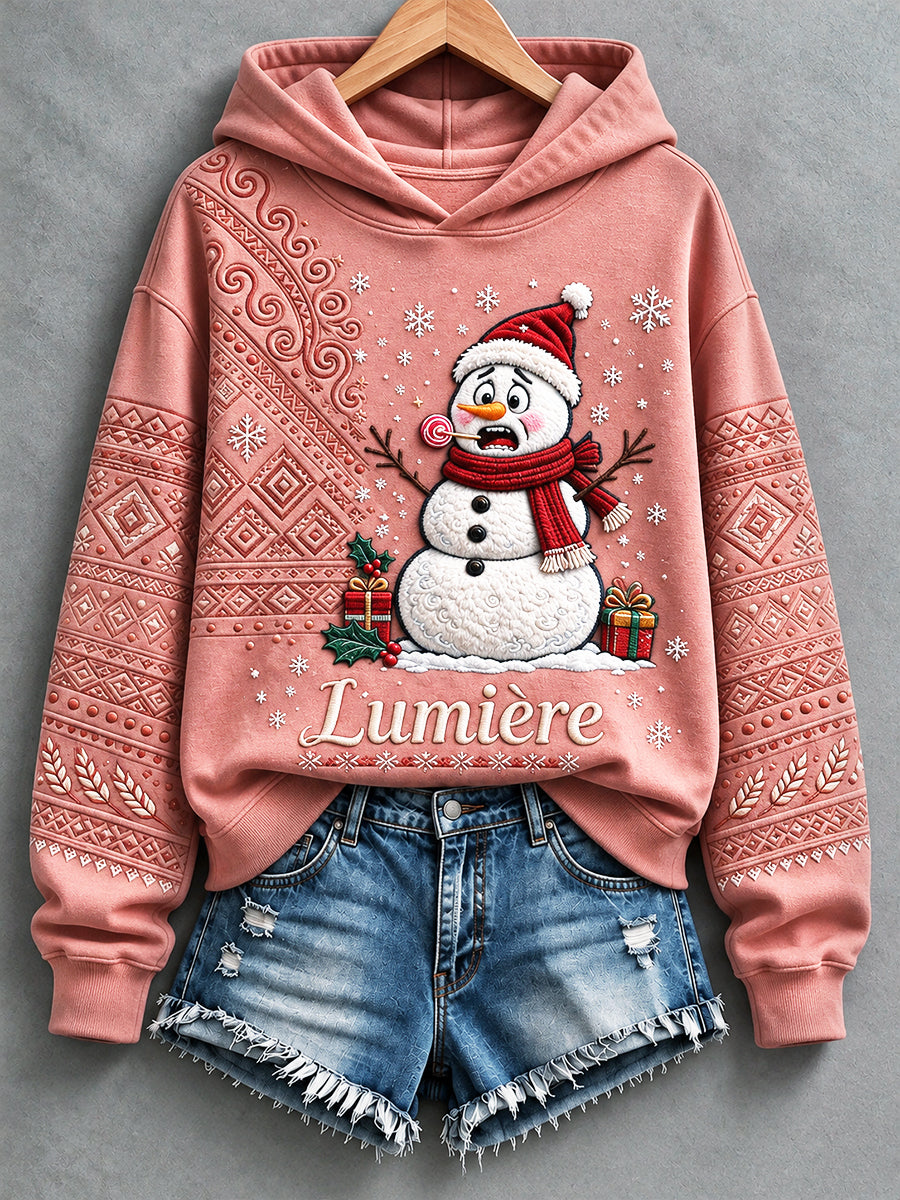 Sweatshirt à capuche décontracté imprimé bonhomme de neige de Noël français rose poudré pour femmes