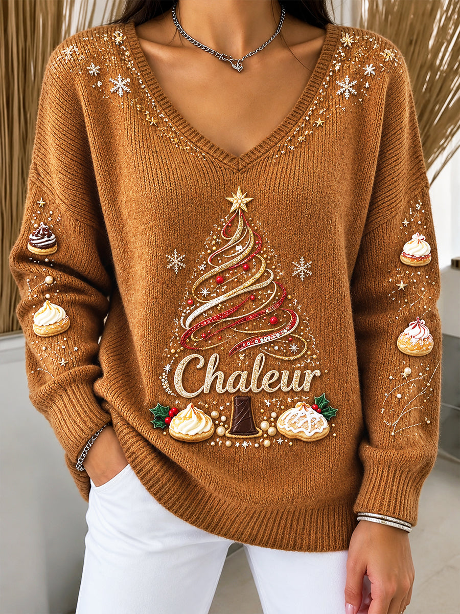 Pull Femme Couleur Café Français Arbre De Noël Imprimé Décontracté Col V