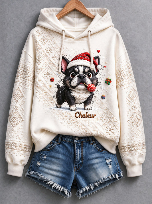 Sweat-shirt à capuche décontracté à imprimé de chiot de Noël français blanc cassé pour femme