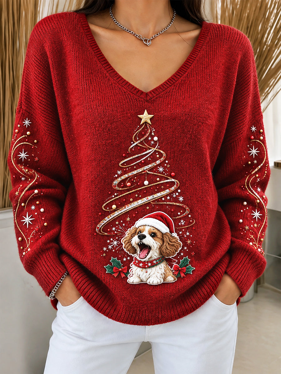 Pull à col en V France Noël mignon imprimé chiot pour femmes