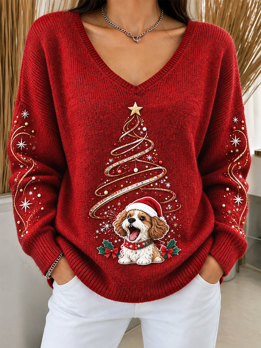 Pull à col en V France Noël mignon imprimé chiot pour femmes