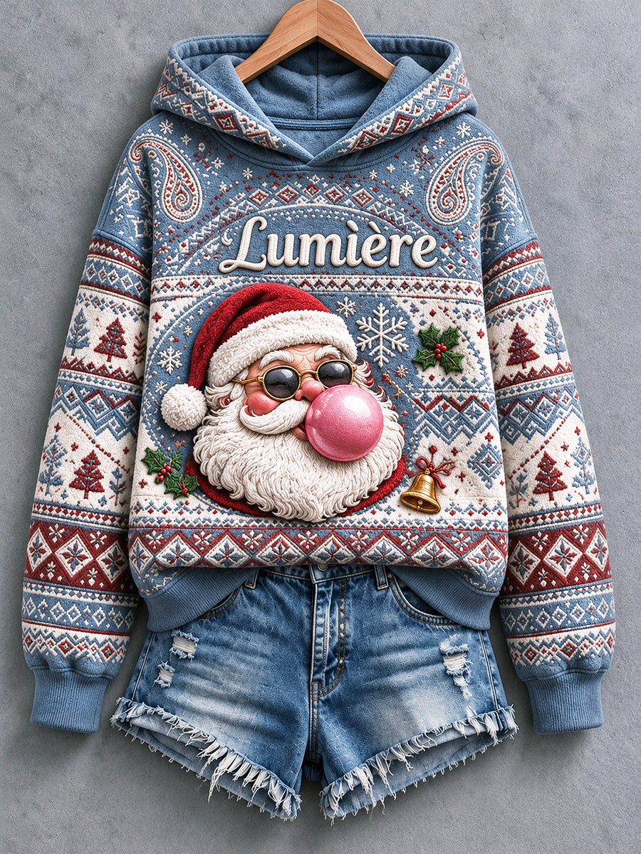 Sweatshirt à capuche décontracté imprimé ethnique Père Noël français bleu pour femme