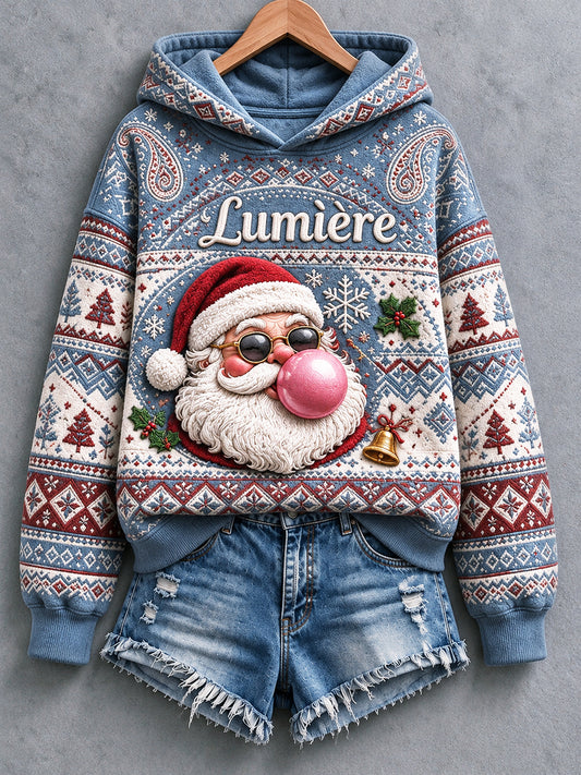 Sweatshirt à capuche décontracté imprimé ethnique Père Noël français bleu pour femme